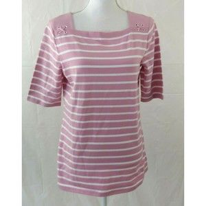 Chaps Womens Top Large Pink White Striped Shoulder Detail Cotton Stretch